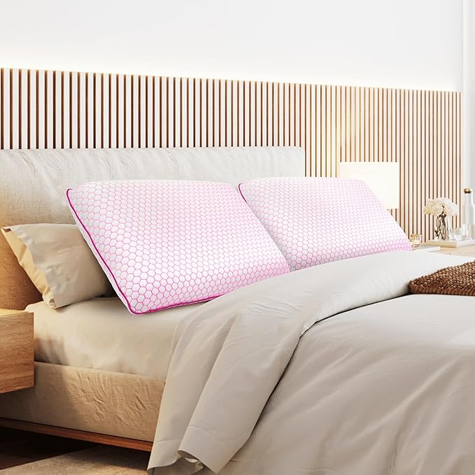 Memory Foam Pillows for Side, Back and Stomach Sleepers, Set of 2, Bed Pillow with Washable Cover and Breathable Mesh, Bed Pillow for Sleeping (Pink，Standard Size)