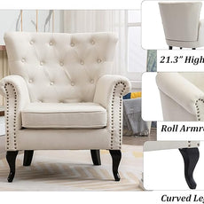 Mid Century Accent Chair for Living Room, Linen Fabric Button Tufted Armchair Wingback Club Chair, Modern Single Sofa Lounge Chair with Pillow for Reception/Bedroom, Beige