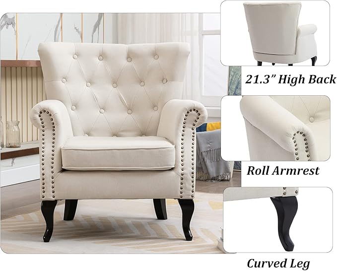 Mid Century Accent Chair for Living Room, Linen Fabric Button Tufted Armchair Wingback Club Chair, Modern Single Sofa Lounge Chair with Pillow for Reception/Bedroom, Beige