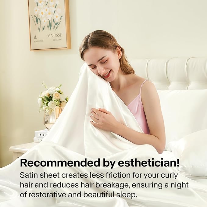 BEDELITE Satin Sheets Twin Size Bed Set, Luxury Soft Ivory White Silky Sheets for Hair and Skin, Similar to Silk Bed Sheets Set 3 Pieces with 1 Deep Pocket Fitted Sheet, 1 Flat Sheet, and 1 Pillowcase