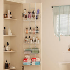 5-Tier Over The Door Organizer Bathroom Shelves Hair Tool Organizer - Hair Dryer Holder Adjustable Height, DIY Bathroom Storage Shelf Wall Mounted Behind The Door Storage