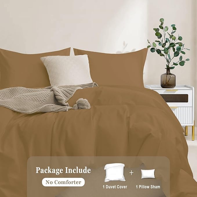 100-Percent Cotton Duvet Cover Set, Hidden Zipper Closure, Ultra Soft, Easy Care and Durable, Simple Bedding Style, Twin, Light Brown (Comforter Not Included)