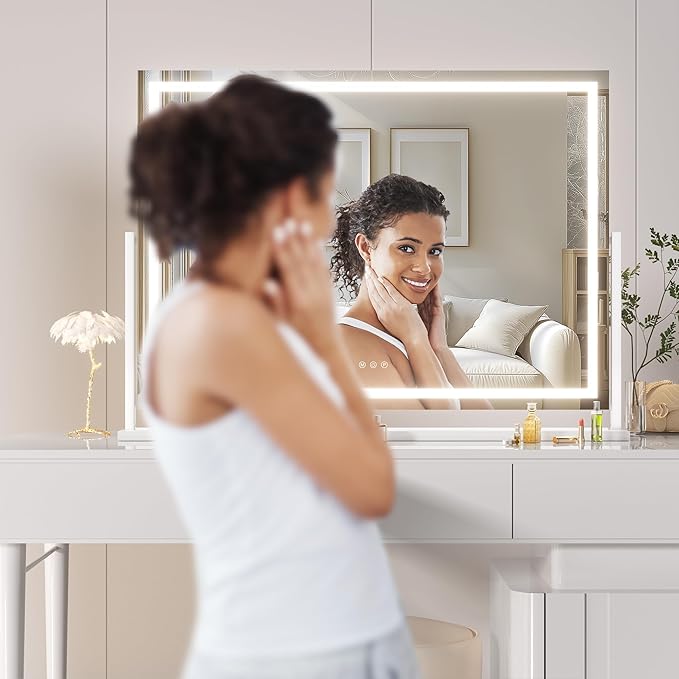 Hasipu Vanity Mirror with Lights, 39.4" x 28.3" LED Makeup Mirror, Light up Mirror with 10X Magnification and Phone Holder, USB Charging Port, Smart Touch 3 Colors Dimmable (White)