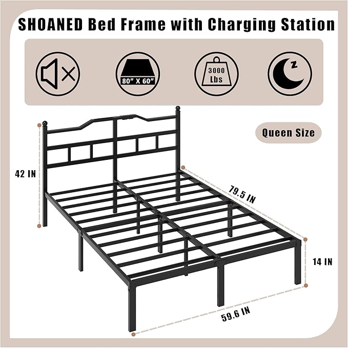 Bed Frame with Charging Station - 14 Inch Queen Size Heavy Duty Metal Bedframe with Headboard Black Basic Steel Slats Platform No Box Spring Needed