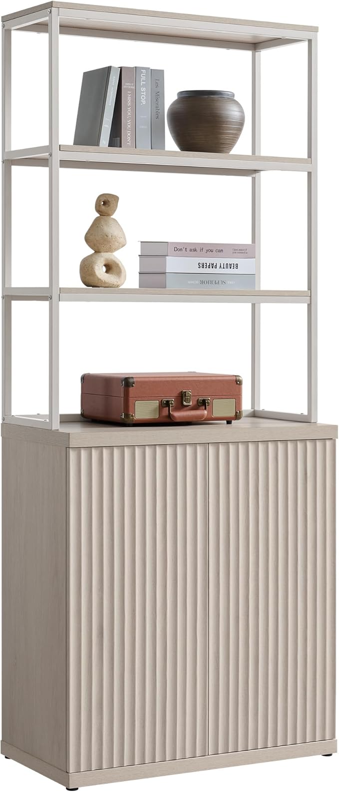 SICOTAS Book Shelf Fluted Bookshelf Cabinet - 75" Tall Bookcase 6 Tier Large Bookshelves with Doors Storage Modern Wide Book Shelves Case for Living Room Home Office Library, Metal Frame, White Alder