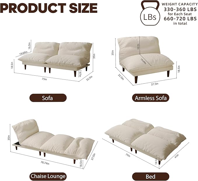 Futon Sofa Bed, 4 in 1 Multi-Functional Futon Couch with Adjustable Backrest, 75 inch Convertible Sleeper Sofa Bed and Recliner Lounge, Corduroy Loveseat for Living Room, Apartment, Beige
