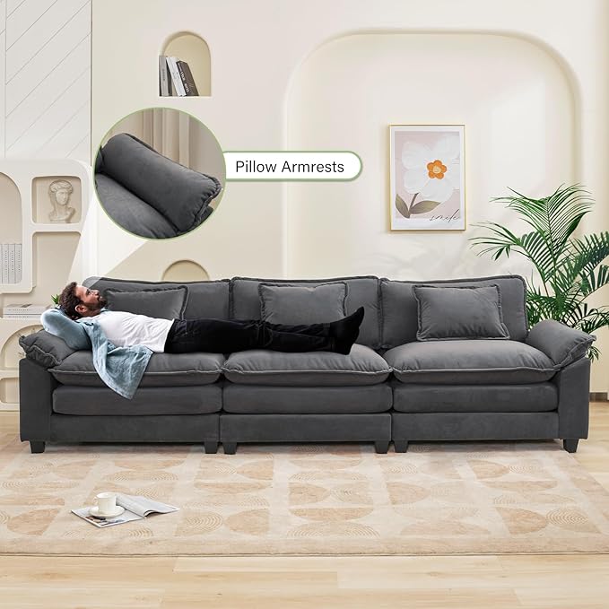 120" Modular Sectional Sofa, Comfy Cloud Couch Sectional Sofa, Velvet Sofa Sleeper Deep Seat Sofa with Throw Pillows for Living Room (Blue Gray, 120"- 3 Seater)