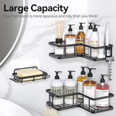 YASONIC Shower Caddy Corner, 3-Pack Adhesive Rustproof Stainless Steel Shower Shelves with Soap Holder, No Drilling Shower Organizer Corner for Dorm, Renters Bathroom, Black