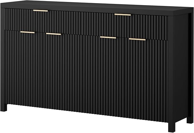 Lulive Black Fluted Buffet Cabinet with Storage 55 inch Wood Large Sideboard with Adjustable Shelves for Entryway Kitchen Living Room
