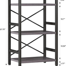 Homeiju Bookshelf, 3 Tier Industrial Bookcase, Metal Small Bookcase, Rustic Etagere Book Shelf Storage Organizer for Living Room, Bedroom, and Home Office(Grey) Patent Pending D29873033