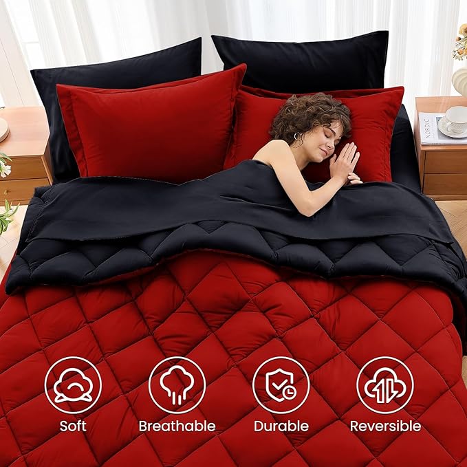 MUXHOMO 7 Pieces California King Comforter Set, Reversible Bed in a Bag Cal King Size, All Season Bedding Set with Comforter, Flat Sheet, Fitted Sheet, Pillowcases & Shams, Red & Black
