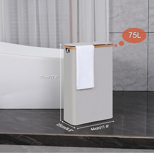efluky Slim Laundry Hamper with Lid, Narrow Laundry Hamper with Removable Bag, Collapsible Dirty Clothes Basket with Handles for Bathroom, Bedroom & Laundry Room, 75L Light Grey