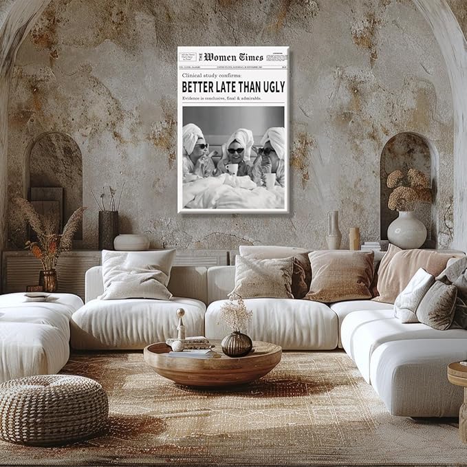 Vintage Women Times Black and White Newspaper Wall Art Better Late Than Ugly Poster Canvas Prints Funky Feminist Posters Trendy College Wall Decor for Bar Cart Girl Dorm Room 12x16inch Framed