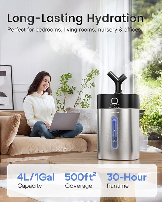Feekaa Stainless Steel Humidifier Easy Clean, 1Gal/4L Cool Mist Humidifiers for Bedroom, Dishwasher Safe Humidifier Large Room, Humidifiers for Bedroom Baby Nursery Living Room Office, Black