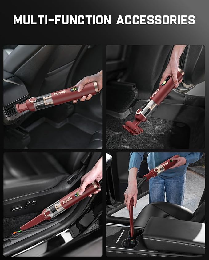 Fanttik Slim V10 APEX Cordless Car Vacuum, 4-in-1 Portable Mini Handheld Vac, 19kPa Suction Power, Upgraded Smart Digital Display, 2 Suction Modes for Small Jobs, Car, Office Desk, Keyboards (Red)