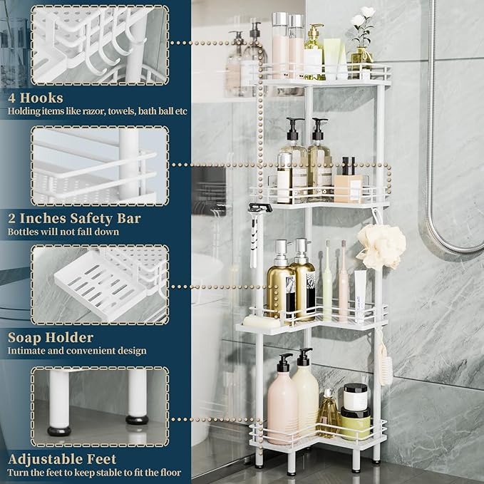Consumest Corner Shower Caddy Standing - 4-Tier Stainless Steel Shower Organizer with Soap Holder and 4 Hooks, Large Capacity Corner Shelf Stand for Bathroom, Rest Room, White