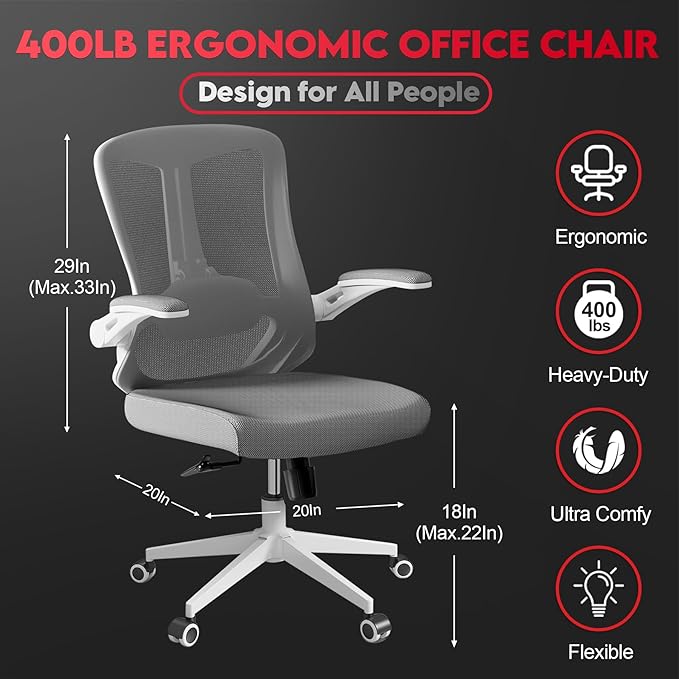 Ergonomic Office Chair - 400LB Comfy Desk Chairs with Lumbar Back Support, Mesh Computer Chairs with Wheels and Arms for Home Office, Study (669Gray-Without Headrest)