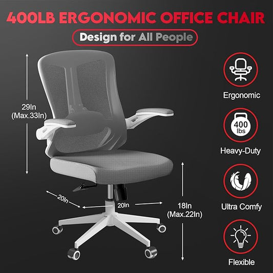 Ergonomic Office Chair - 400LB Comfy Desk Chairs with Lumbar Back Support, Mesh Computer Chairs with Wheels and Arms for Home Office, Study (669Gray-Without Headrest)