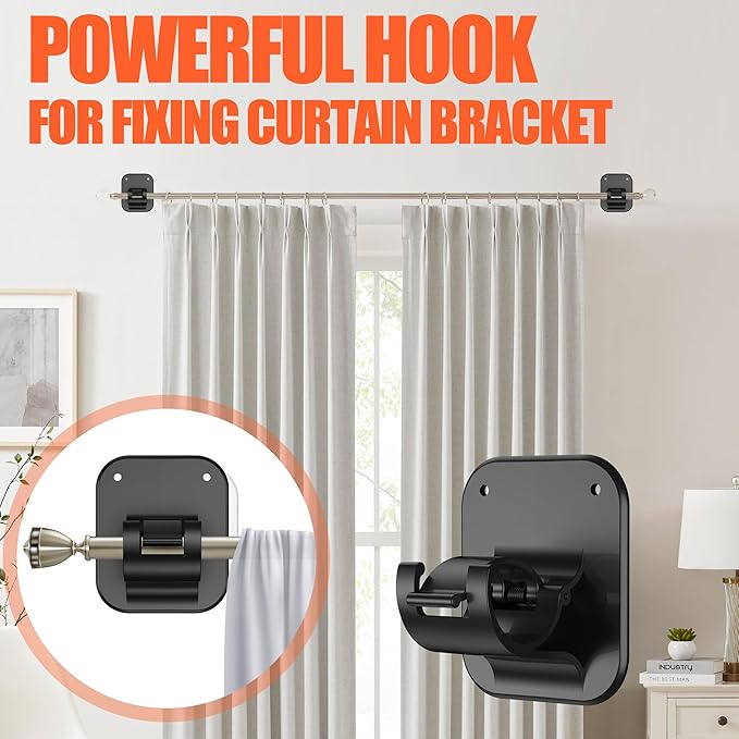 No Drill Curtain Rod Brackets No Drilling Holder 20lb - Renter Friendly Self Adhesive Hooks for Apartment Dorm Classroom Essentials Decor Hanging Drapes Rv Over Blinds Kitchen Bedroom Home