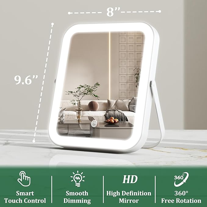 ROLOVE 8x10 Inch Lighted Vanity Mirror, 3-Color Dimmable LED Lighting & Touch Control, Portable Makeup Mirror with U-Bracket for Travel/Dressing Room (White)
