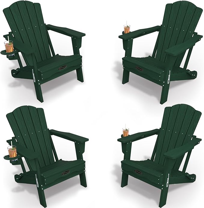 Adirondack Chair Set of 4, Folding All-Weather Outdoor HDPE Patio Chair with Cup Holder, Green