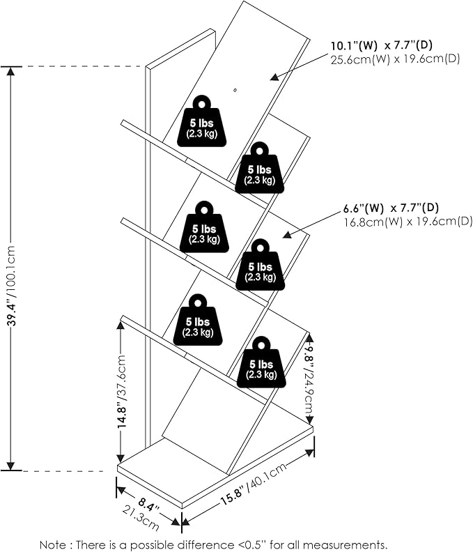 Furinno Tree Book Shelf, 7-Tier Bookshelf, Tree Bookcase for Room Decor, 8.4 x 15.7 x 39.4, for Living Room, Bedroom, Home Office, White