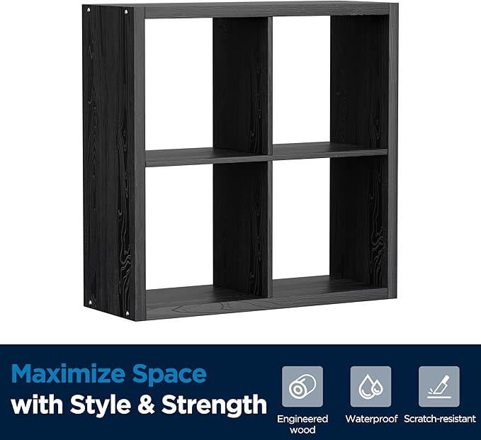 4 Cube Storage Organizer, 2x2 Cube Bookshelf, Cubby Storage Shelf, Wooden Organizer Shelf with Thickened Boards, for Closet Bedroom Home Office Living Room, 25.12" L x 9.37" W x 25.12" H, Black