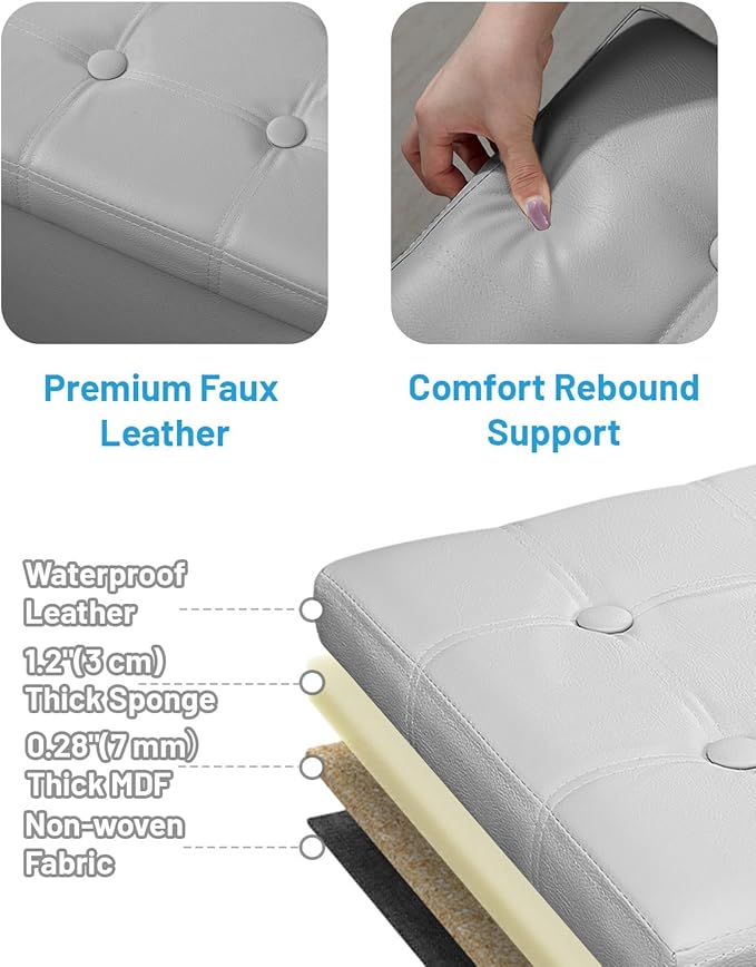 AmasSmile Storage Ottoman Folding Foot Rest Stool, Leather Footstool Bench, Short Ottoman Stool, Storage Foot Rest Store, Books (Grey, 17" D x 13" W x 13" H)