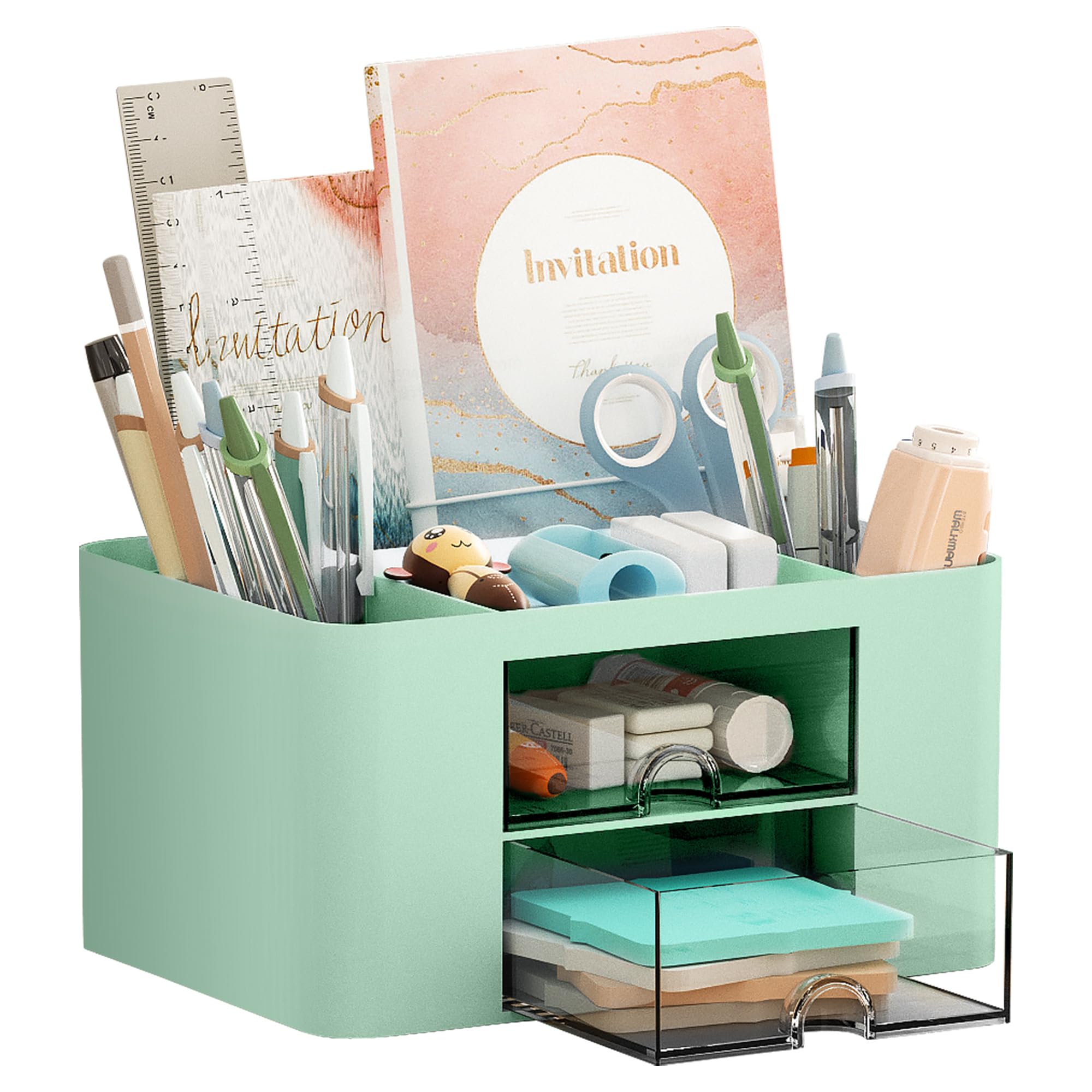 Marbrasse Pen Organizer with 2 Drawer, Multi-Functional Pencil Holder for Desk, Desk Organizers and Accessories with 5 Compartments + Drawer for Office Art Supplies (Blue) Dormly