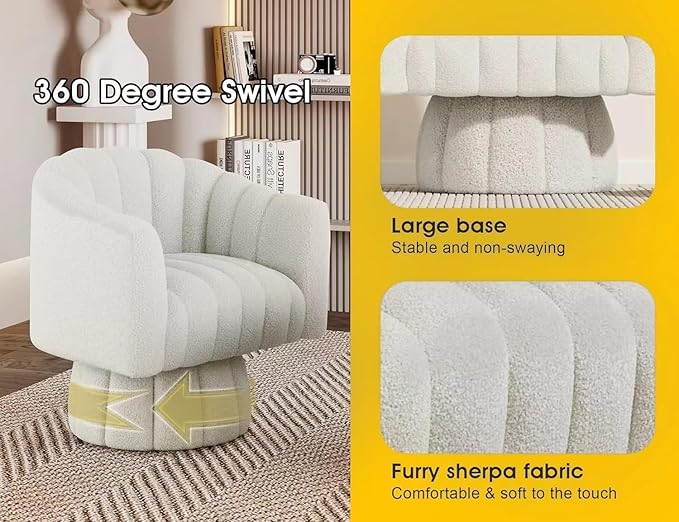360 Degree Sherpa Swivel Cuddle Barrel Accent Sofa Chairs, Round Teddy Armchairs with Wide Upholstered, Furry Boucle Reading Chair for Living Room, Bedroom, Office, Waiting Rooms (White)