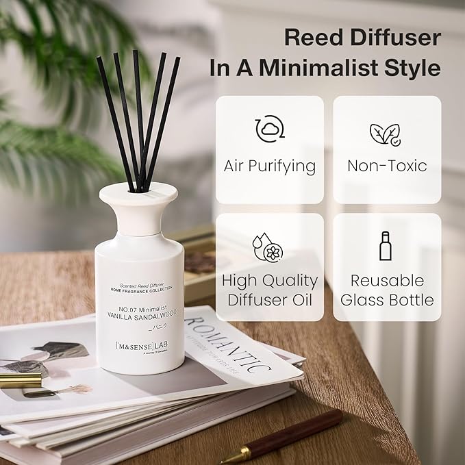 M&SENSE Reed Diffuser Set, 10.14 fl oz Large Reed Diffuser, Vanilla Sandalwood Scented with Natural Essential Oils, Long Lasting with 7 Sticks, Non-Toxic Home Fragrance Reed Diffuser for Bedroom