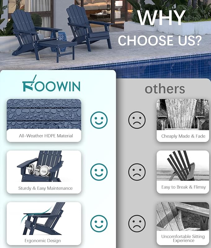 FOOWIN Adjustable Adirondack Chair with Retractable Ottoman Set of 6, Folding Adirondack Chair with Cup Holder, HDPE All-Weather Fire Pit Chair for Patio, Yard, Poolside, Navy Blue