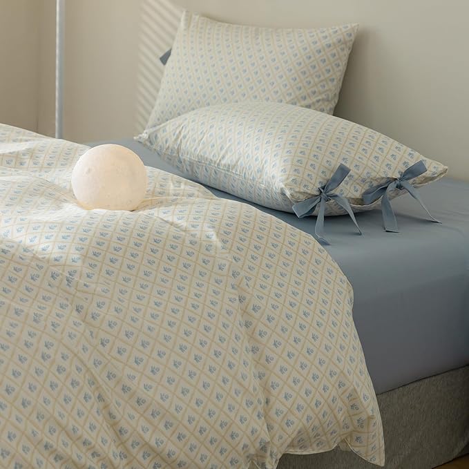 Blue Floral Duvet Cover King Teen Girls Cottagecore Bedding Set King 3 Pieces Soft Cotton Peach Flowers Coquette Comforter Cover with Bow Ties Pillowcases,Vintage Country Bedding Sets
