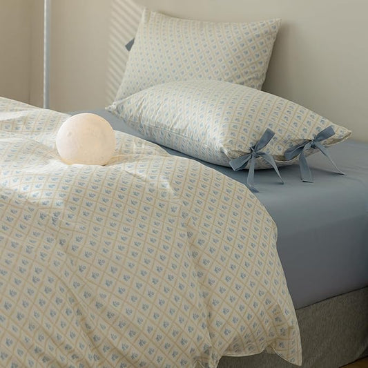 Blue Floral Duvet Cover King Teen Girls Cottagecore Bedding Set King 3 Pieces Soft Cotton Peach Flowers Coquette Comforter Cover with Bow Ties Pillowcases,Vintage Country Bedding Sets