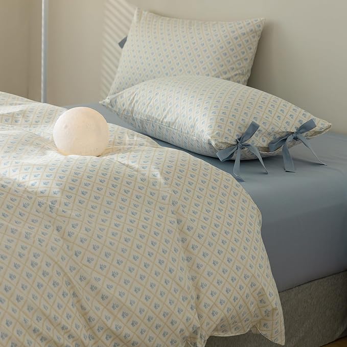 Blue Floral Duvet Cover Queen Teen Girls Cottagecore Coquette Bedding Set Queen 3 Pieces Soft Cotton Peach Flowers Comforter Cover with Bow Ties Pillowcases,Vintage Country Bedding Sets for Queen Bed