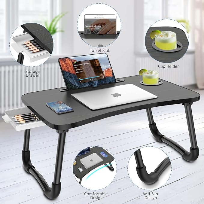 Zapuno Foldable Laptop Bed Table Multi-Function Lap Serving Tray Dining Table with Storage Drawer and Water Bottle Holder, Slot for Eating, Working on Couch/Sofa (Arc Shape)
