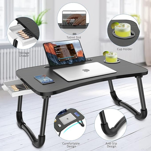 Zapuno Foldable Laptop Bed Table Multi-Function Lap Serving Tray Dining Table with Storage Drawer and Water Bottle Holder, Slot for Eating, Working on Couch/Sofa (Arc Shape)
