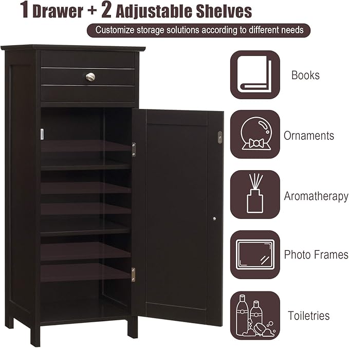 Tangkula Bathroom Floor Cabinet, Wooden Side Storage Cabinet, Freestanding Single Door Bathroom Cabinet with Large Drawer & 2 Adjustable Shelves for Living Room Kitchen (Brown)