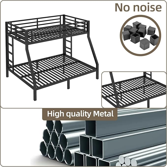 Twin Over Full Bunk Bed, Metal Bunk Bed Frame Heavy Duty Bunk Beds Loft Bed Frame with Ladder and Guardrail Metal Slats No Box Spring Required for Adults Teens, Black