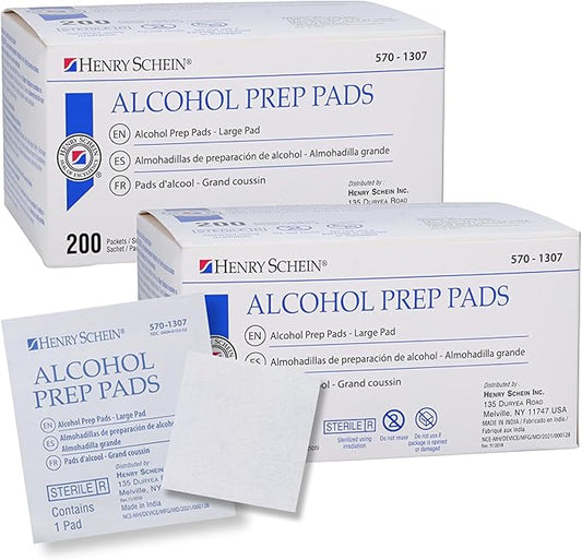Henry Schein Large Alcohol Prep Pads (2 Boxes, 400 Total) – 70% Isopropyl Alcohol Wipes, Individually Wrapped – 2-Ply, Textured – Skin Prep Alcohol Swabs – Sterile Pads