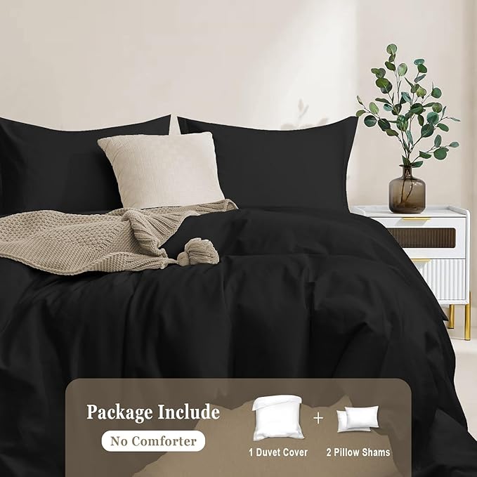 100-Percent Cotton Duvet Cover Set, Hidden Zipper Closure, Ultra Soft, Easy Care and Durable, Simple Bedding Style, Queen, Black (Comforter Not Included)