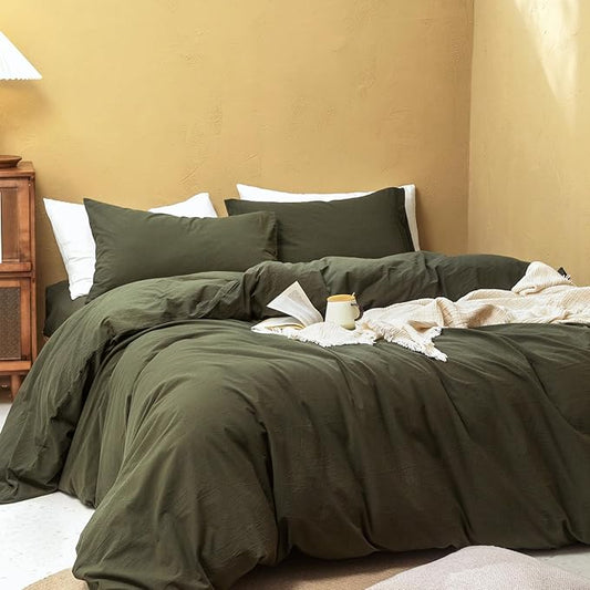 FOSSA Duvet Cover Set 100% Washed Cotton Linen Feel Super Soft Breathable Cozy 3 Pieces Bedding Sets Solid Olive Green Oversized King