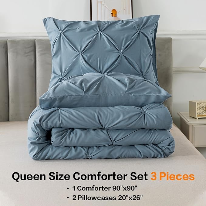 Andency Queen Comforter Set Grayish Blue, 3 Pieces Pinch Pleat Bedding Comforters & Sets, Pintuck Lightweight Fluffy All Season Bed Set for Women Men Girls(90x90Inch)