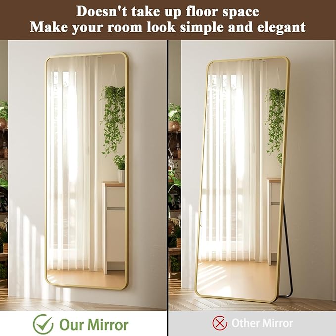 VooBang 14"x48" Full Length Over The Door Mirror - Aluminum Alloy Frame Full Body Mirror with Height-Adjustable Hangers, Hanging Leaning Against Wall for Dorm, Gold