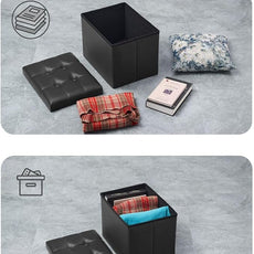 2PC Storage Ottoman, Folding Foot Stool with Thicker Foam Padded Seat Small Leather Storage Ottoman Bench Foot Rest for Living Room Foldable Coffee Table 17x13x13in,Black