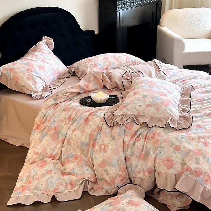 HighBuy Girl Ruffle Duvet Cover Set Twin XL Pink Lace Floral Ruffle Design,Vintage Brushed Cotton Ruffled Bedding Set French Breathable Farmhouse Bedding - 1 Twin XL Duvet Cover 2 Pillowcases