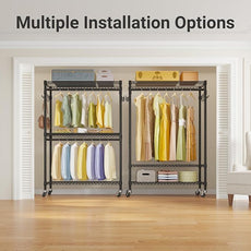 VIPEK R2 Plus Heavy Duty Rolling Garment Rack 3 Tiers Adjustable Wire Shelving Clothes Rack with Double Rods and Side Hooks, Freestanding Wardrobe Storage Rack Metal Clothing Rack, Black