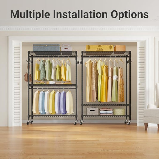 VIPEK R2 Plus Heavy Duty Rolling Garment Rack 3 Tiers Adjustable Wire Shelving Clothes Rack with Double Rods and Side Hooks, Freestanding Wardrobe Storage Rack Metal Clothing Rack, Black