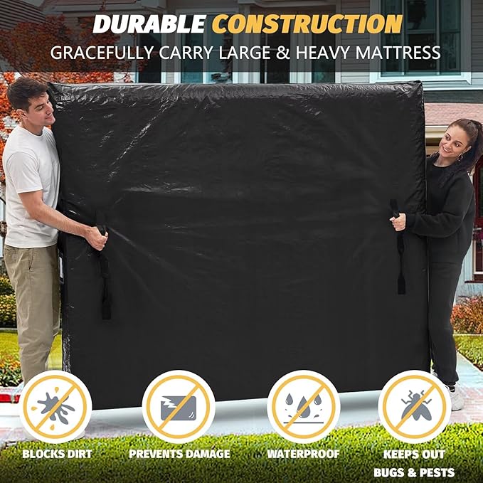 Mattress Bags for Moving and Storage, BETU Twin Mattress Protector Waterproof Mattress Cover with 8 Heavy Duty Handles and Zipper Extra Thick Moving Supplies for Dorm Bed Reusable (77x42x13.5 Black)