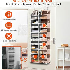 2 Pack Over The Door Organizer 6 Tiers, Extra Large Behind Door Storage of 12 Compartments, 80 lbs Weight Capacity Hanging Storage Organizer with Clear Window Kids Toys,Shoes (6 Tiers - Grey)